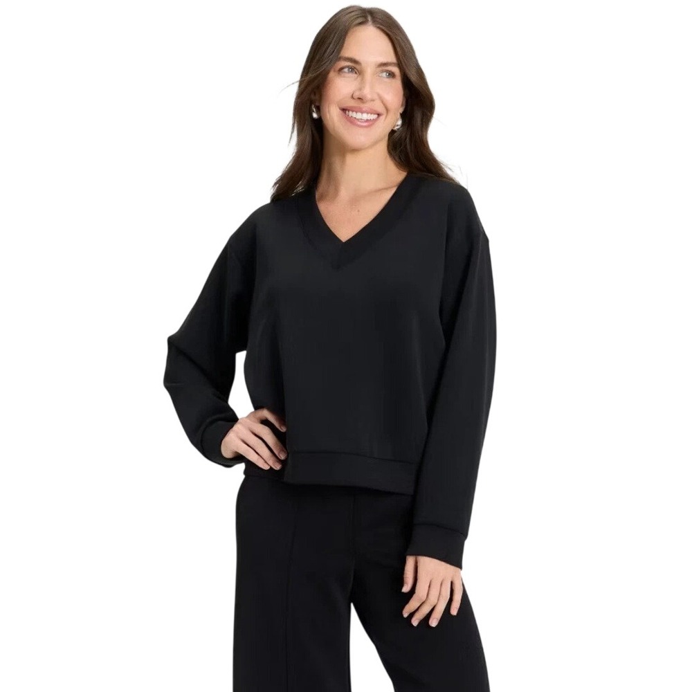 A New Day Women's Black V-Neck Long Sleeve Sandwash Sweatshirt Size Medium